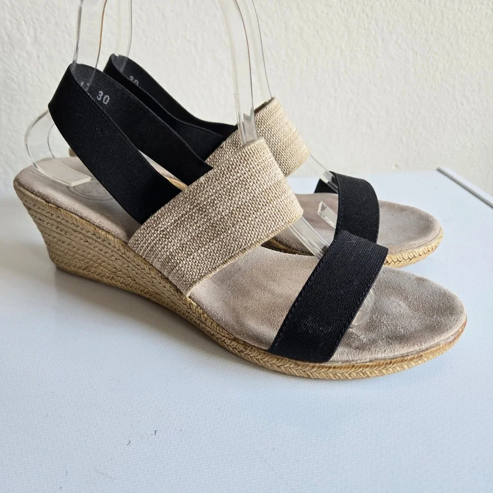 Charleston Shoe Co Womens Black Beige Elastic Strap Espadrille Wedge Sandals 9